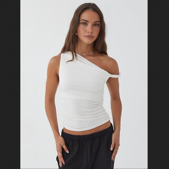 Commense Tops - Commense Large White Asymmetrical Cold Shoulder Top Summer Vacation Coastal NEW